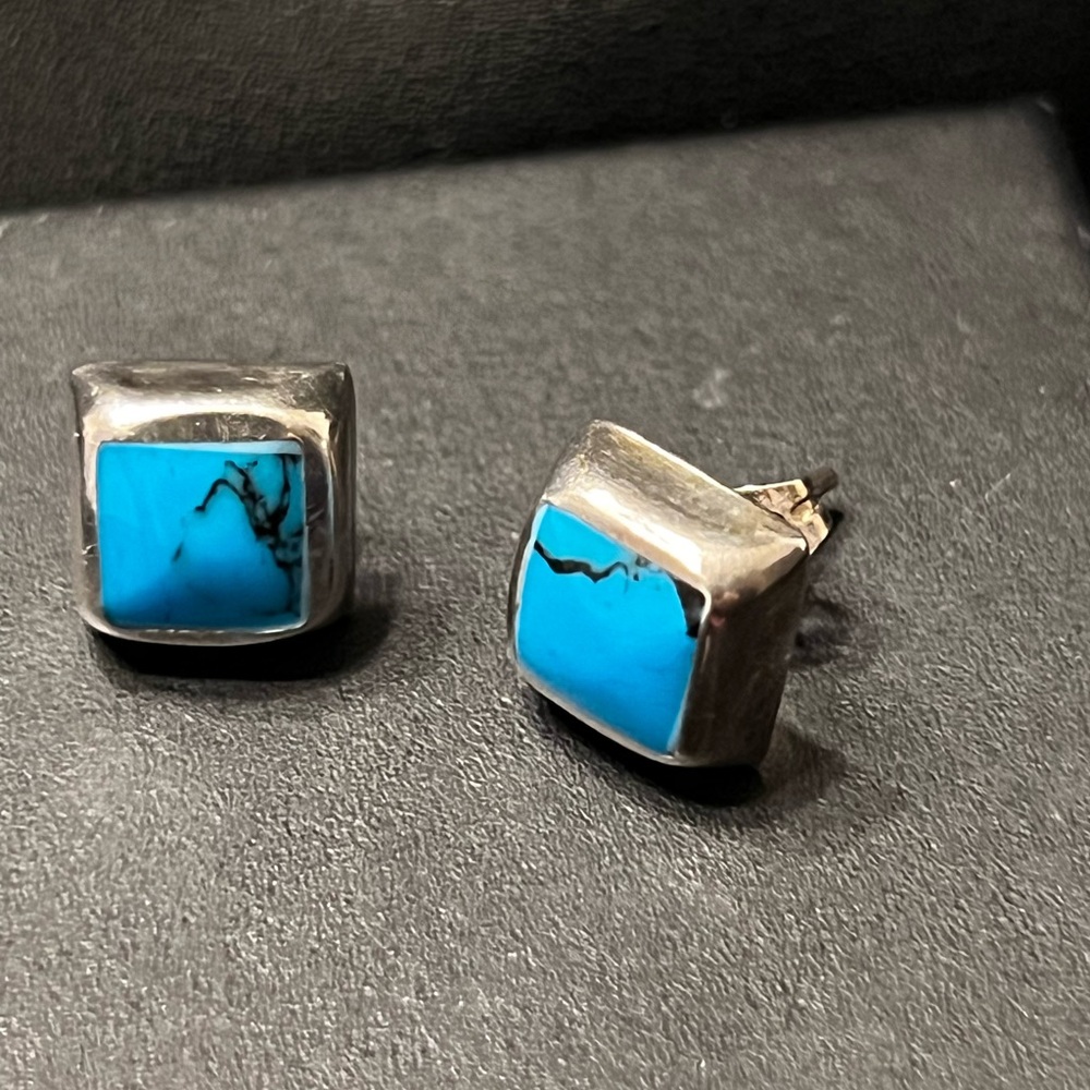 Sterling Silver 925 Blue Turquoise Stone Square Post Earrings